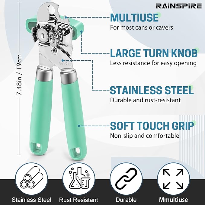 Rainspire Can Opener Manual Handheld Strong Manual Can Opener Smooth Edge Cut, Can Opener Heavy Duty, Comfortable Soft Handle, Built-in Bottle Opener, Mint Green