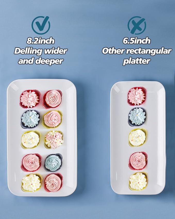 DELLING 14 Inch Large Serving Platter Set of 3, White Porcelain Serving Trays for Entertaining, Rectangular Platters for Turkey Meat Appetizer Party, Oven Microwave Dishwasher Safe Dinnerware