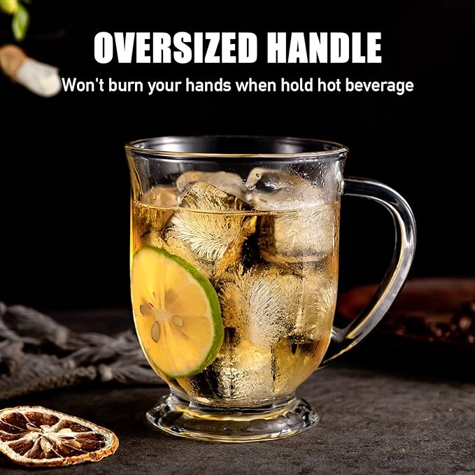 Clear Glass Coffee Mugs Set of 4, 16 OZ Large Glass Beer Cups with Handle,Bottom Nine-Sided Diner Mug for Men and Women Hot Beverages,Tea, Cappuccino, Latte, Espresso, Juice Mothers