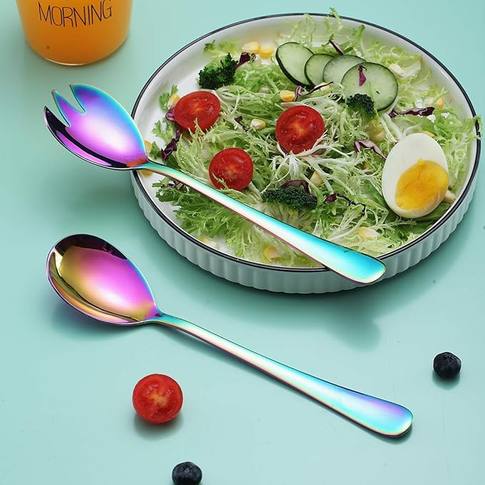 Rainbow Salad Server Set, Berglander Stainless Steel Salad Serving Set With Titanium Colorful Plating, Salad Servers, Salad Spoon, Salad Fork, Pack of 2 (Shiny Rainbow)