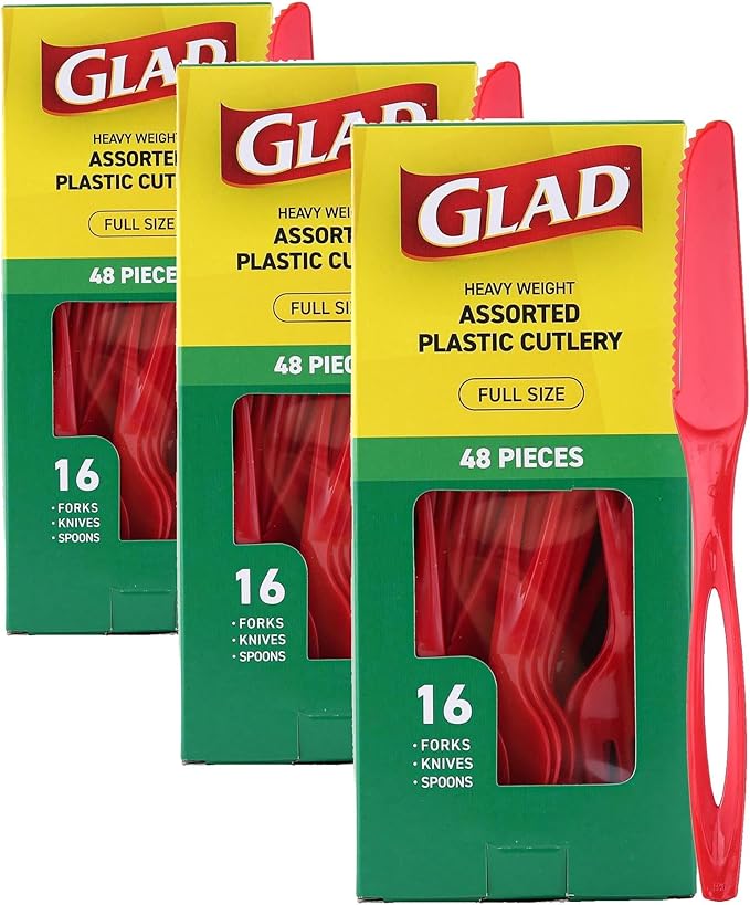 Glad Heavy Duty Full Size Assorted Plastic Cutlery Set | Red Extra Heavy Duty Forks, Knives, and Spoons | Set of Disposable Party Utensils, Heavy Duty and Sturdy Cutlery (Pack of 3, 48 Count)