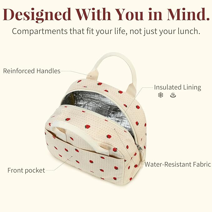 Insulated Floral Lunch Bag for Women, Stylish Corduroy Tote with Aluminum Lining, Large Capacity Reusable Cooler for Work, Travel, Beach or Picnic, Creamy Floral Water-Resistant Lunch Box