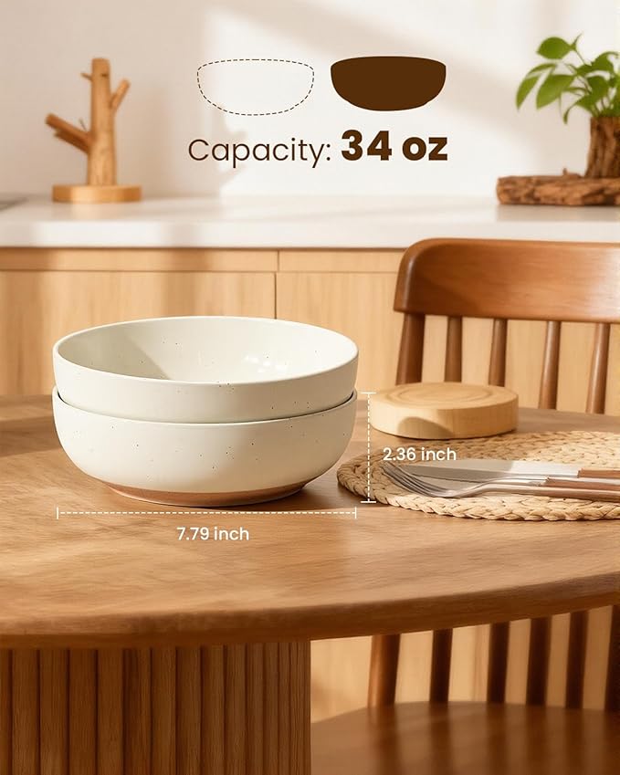 Pasta Bowls Set of 8, 34oz Speckled Ceramic Bowls Set for Serving Salad, Pasta, Soup, Dinner, 8" Wide and Deep Bowls, Dishwasher & Microwave Safe, Matte Terracotta Base (Warm White)