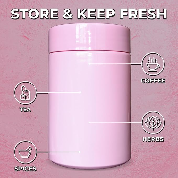 Treehouse Smell Proof Container (500mL) for Herbs, Spices, Coffee, Teas & More, Double Sealed Air Tight Jar, Thick UV Protection Glass, Smell Proof Herb Storage, x2 Resealable Smell Proof Bags (Pink)
