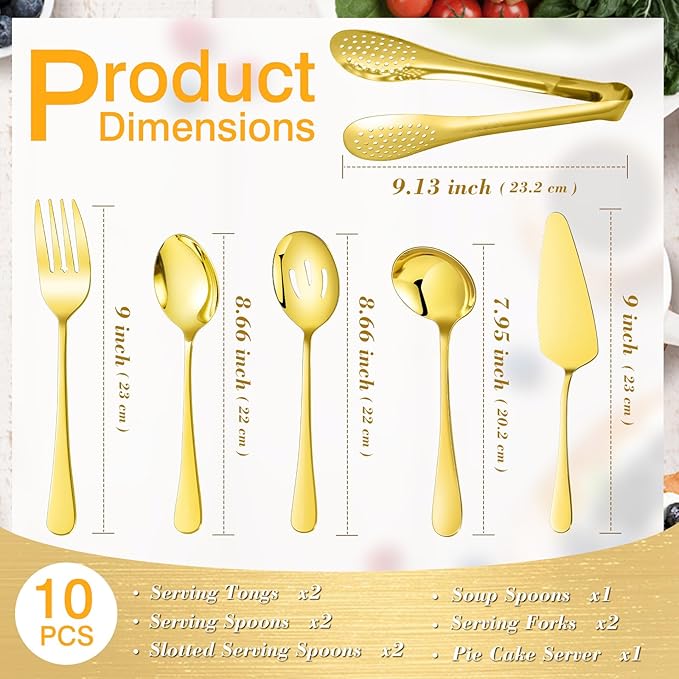 10 PCS 18/8 Gold Stainless Steel Heavy Duty Serving Utensils Set for Parties, Kitchen Serving Tools-Serving Spoons, Slotted Spoons, Serving Forks Tongs Soup Ladle, Cake Pie Server for Buffet, Wedding