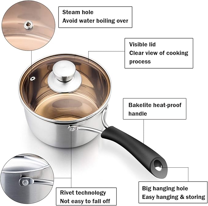 P&P CHEF 2 Quart Saucepan Small Pot, Stainless Steel Saucepan with Lid, Small Sauce Pan for Home Kitchen Restaurant Cooking, Visible Glass lid & Bakelite Heat-Proof Handles,Dishwasher Safe, 1 Pc