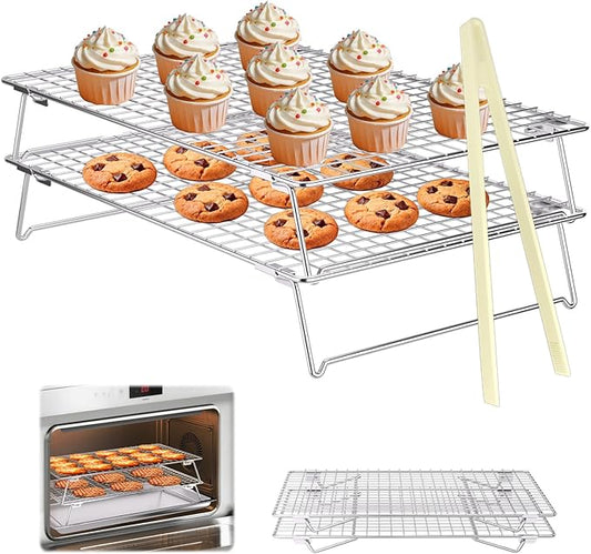 2 Tier 304 Stainless Steel Cooling Rack for Cooking and Baking, Oven Safe Wire Rack for Baking Sheet w/Silicone Tong, 13.4" x 9.4" Cookie Cooling Rack for Pizza, Bread, Stackable Baking Rack