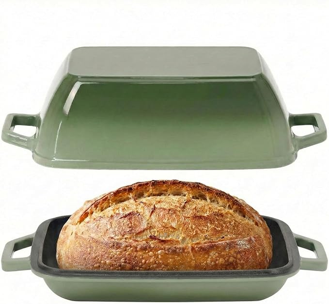 Oval Cast Iron Dutch Oven for Bread Baking 12x8 Inch Enameled Bread Pan with Lid 6QT Cast Iron Bread Dutch Oven for Sourdough，Green