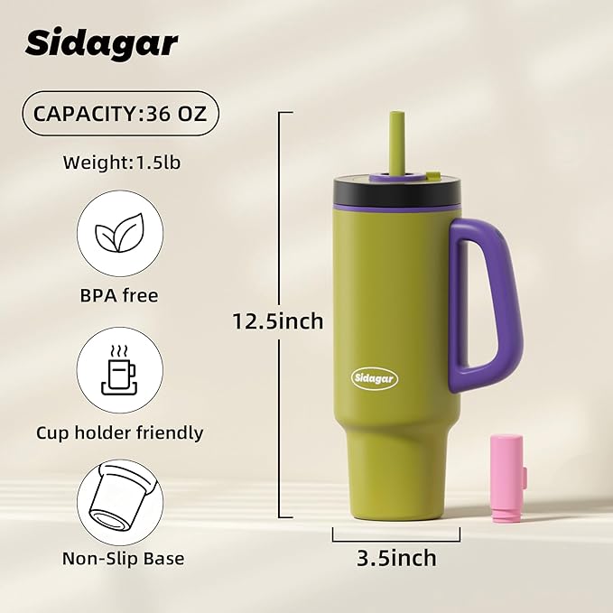 Tumbler with Handle,36 oz Ceramic Lined Travel Mug Water Bottle with Straw,Vacuum Insulated Stainless Steel Cup with Lid,Fits Cup Holder, Leak Resistant Press-in Lid,Green