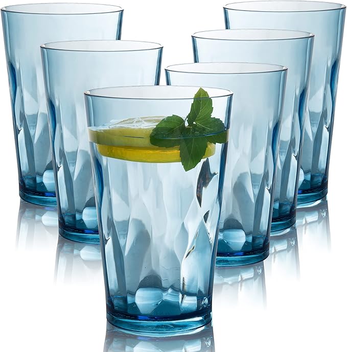 Unbreakable Plastic Drinking Glasses [Set of 6] Shatterproof Tumblers, Reusable Glass Cups, Dishwasher Safe (16 Ounces)