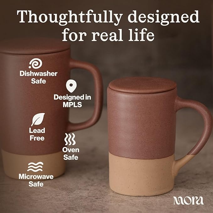 Mora Ceramics Tea Cup with Loose Leaf Infuser, Spoon and Lid 12 oz, Microwave and Dishwasher Safe Coffee Mug - Rustic Matte Ceramic Glaze, Modern Herbal Tea Strainer - Great Gift for Women, Terracotta