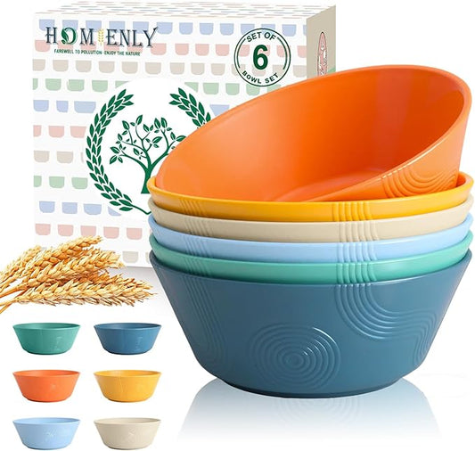 Homienly Unbreakable Cereal Bowls, Wheat Straw Bowl with Textured, 36oz Microwave Safe Plastic Bowls for Kitchen, Party, Large Soup Bowls for Popcorn, Ramen, Salad, Dishwasher Safe (Multi,6 PCS)