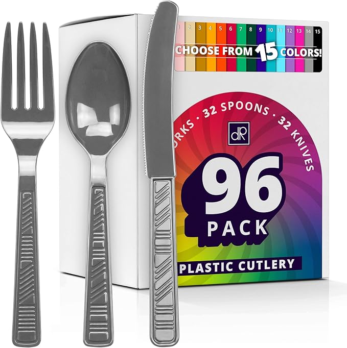DecorRack Plastic Cutlery Set, Silver Colored Plastic Silverware Sets for Parties, 96 Piece Bulk Heavy Duty Utensils (Silver, 96 Pieces)