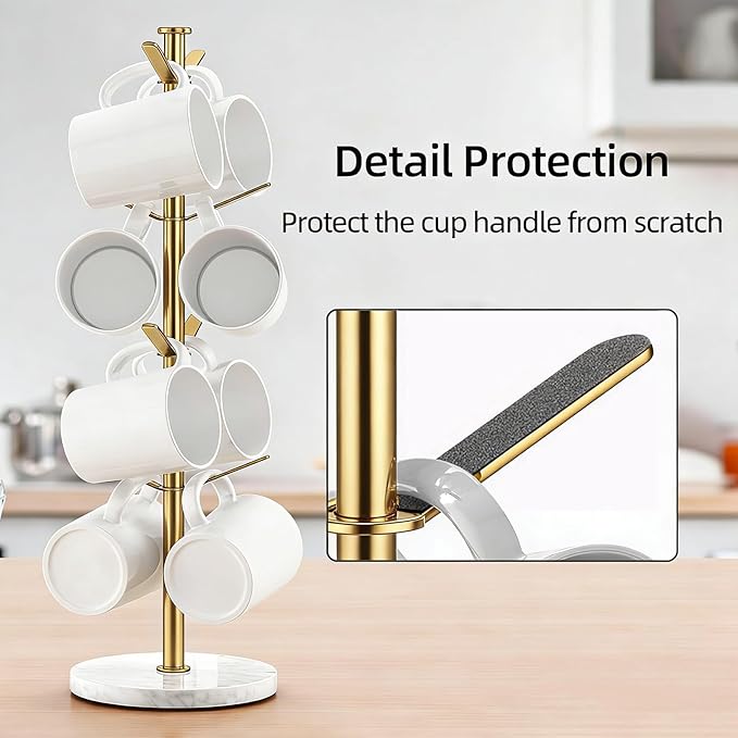 Gold Mug Holder Tree with Marble Base, 8 Hooks Coffee Cups Holder Stand, New Upgrad Stable Removable Mug Rack for Kitchen Cafe