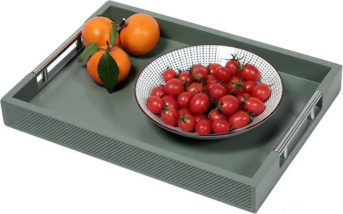 Serving Tray with Polished Metal Handles, 16.5''x12'' Rectangle Coffee Table Tray, Modern Decorative Tray, Large Ottoman Tray, Perfect for Storage and Display (Grey)