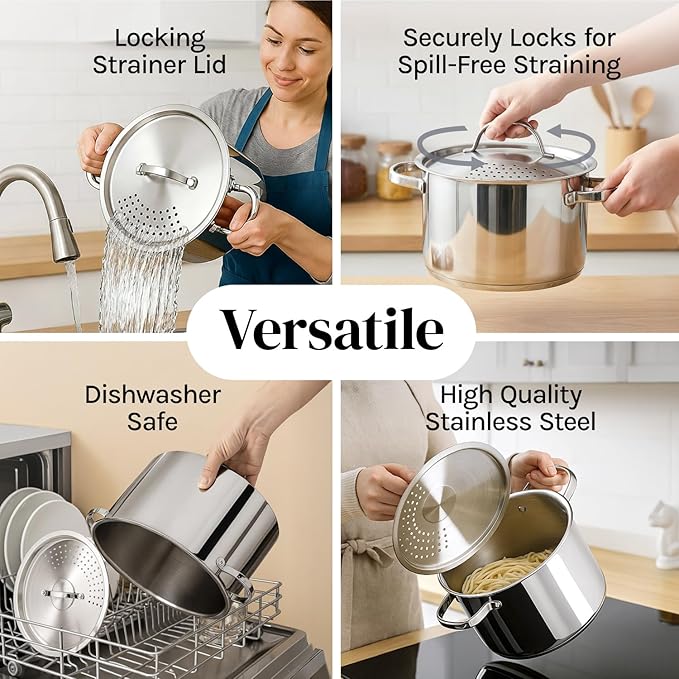 Stainless Steel Pasta Pot with Strainer Lid - 5.5 Qt Large Capacity Spaghetti Pot with Twist Lock Lid - Deep Cooking and Stock Pots for Boiling, Dishwasher Safe By Cooler Concepts