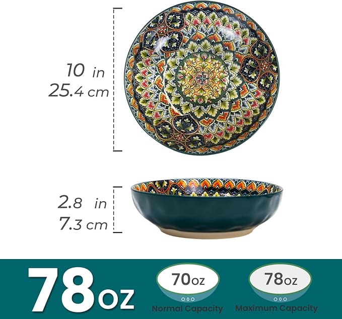 Large Serving Bowls, 10 inch Porcelain Bowls, 75 Oz Fruit Salad Soups & Pasta Bowls for Entertaining, Dinner, Party - Stylish Decorative Dishes, Set of 2, Microwave & Dishwasher Safe - GREEN