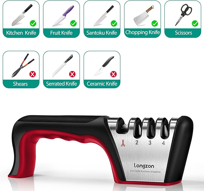 Longzon 4-in-1 Knife Sharpener [4 Stage] with a Pair of Cut-Resistant Glove, Original Premium Polish Blades, Best Kitchen Knife Sharpener Really Works for Fruit and Steel Knives, Scissors-Black+Red
