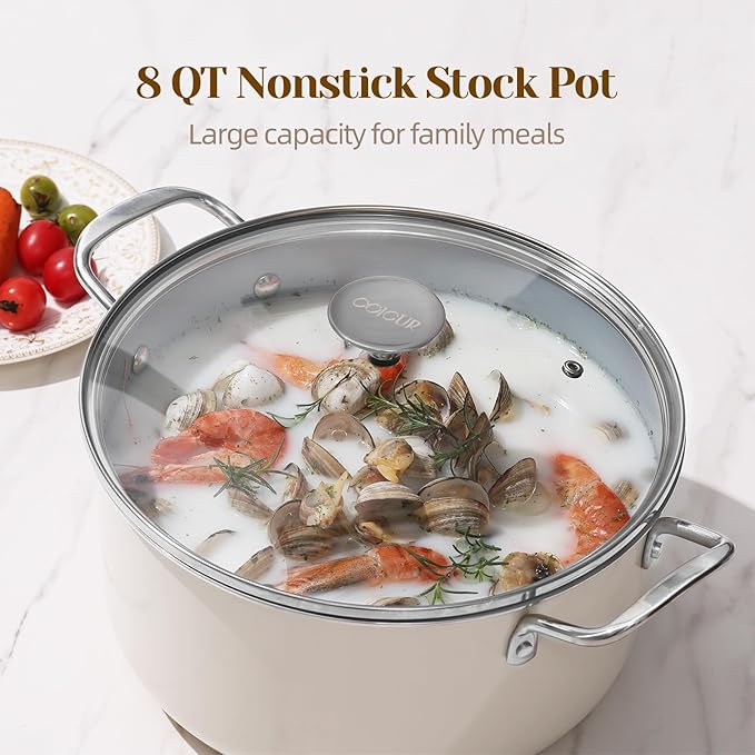 Ceramic Nonstick Stock Pot with Lid 8 QT Large Induction Cooking Pot with Stainless Steel Handles, Non Toxic Soup Pot for Stews, Oven & Dishwasher Safe, Cream White