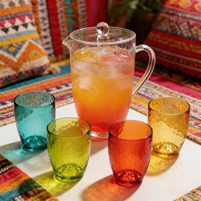 Pitcher with Lid and 4 Tumblers Set, 92oz Plastic Water Jug, BPA-Free Beverage Pitcher for Fridge, Large Drink Carafe for Party, Juice, Ice Tea, Sangria, Lemonade, (Set of 5 in Gift Box)