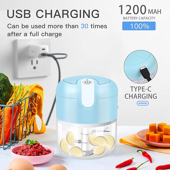 EASYSPEED Electric Garlic Chopper 1Cup, Mini USB-C Charging Food Processor, Garlic Mincer with 3 Stainless Steel Sharp Blades, Portable Kitchen Meat Grinder for Onion, Ginger, Chili, Baby Food, Blue