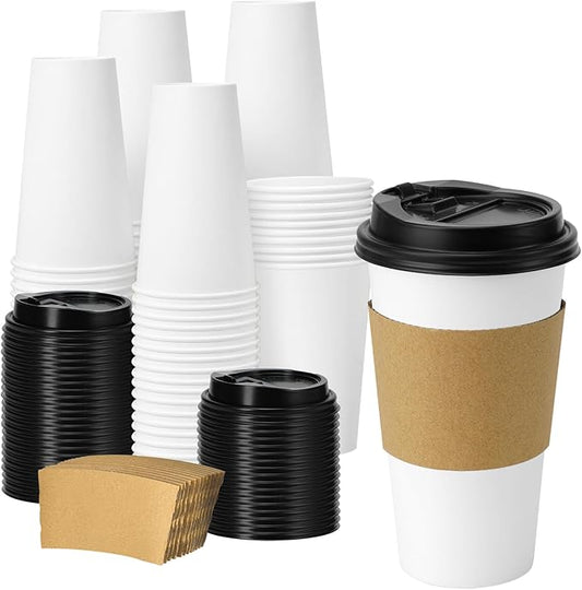 50 Pack 20 oz Disposable Coffee Cups with Lids and Insulated Sleeves, Leak-free Paper and Sturdy Thick Paper Hot to Go Coffee Cups with Lids for Cold/Hot Beverage (White)