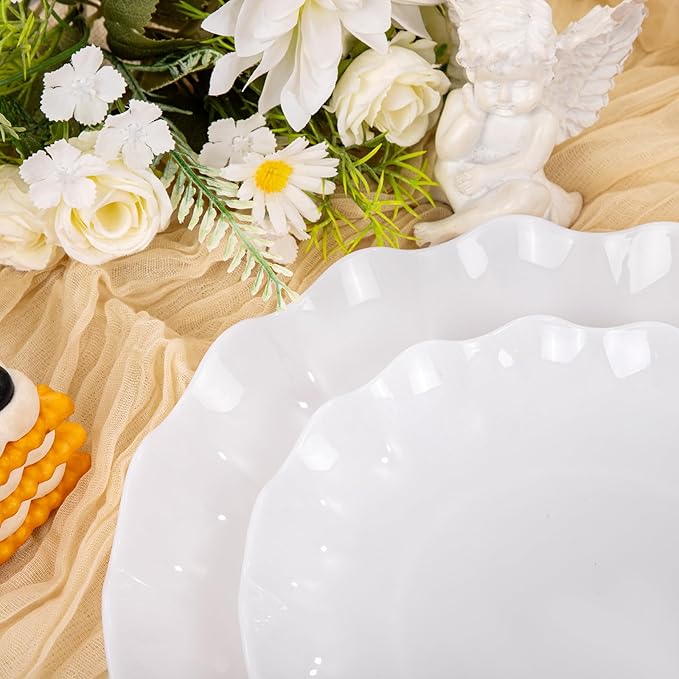 LIYH 50 Pcs White Scalloped Plastic Plates Reusable - Unbreakable Plastic Plates for Weddings Party Outdoor Picnics Dishwasher Safe BPA Free Easter (25Guests)