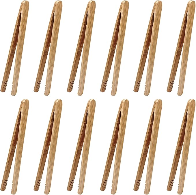 12 Pcs Bamboo Tongs 7 Inch Bamboo Toast Tongs for Serving Pickle Muffin, Cheese Fruits Salad, Toast & Bread