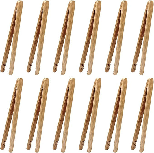 12 Pcs Bamboo Tongs 7 Inch Bamboo Toast Tongs for Serving Pickle Muffin, Cheese Fruits Salad, Toast & Bread