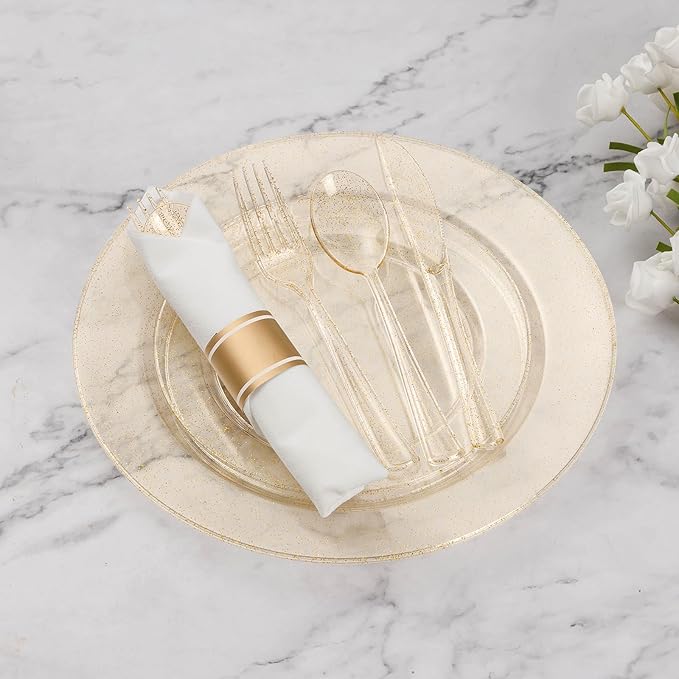 Goodluck 50 Pack Pre Rolled Gold Glitter Plastic Silverware, Wrapped Cutlery Set with Napkin Include 50 Forks, 50 Knives, 50 Spoons and 50 Napkins, Fancy Disposable Silverware for Party, Wedding