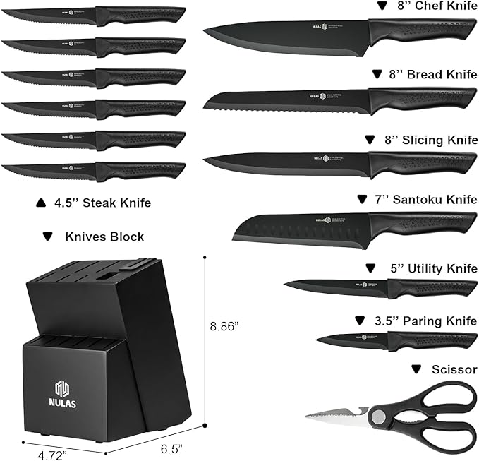 Knife Set, 15-Piece Kitchen Knife Set with Block and Built-in Sharpener, Dishwasher Safe, Non-slip Handle, 6 Steak Knives, Black