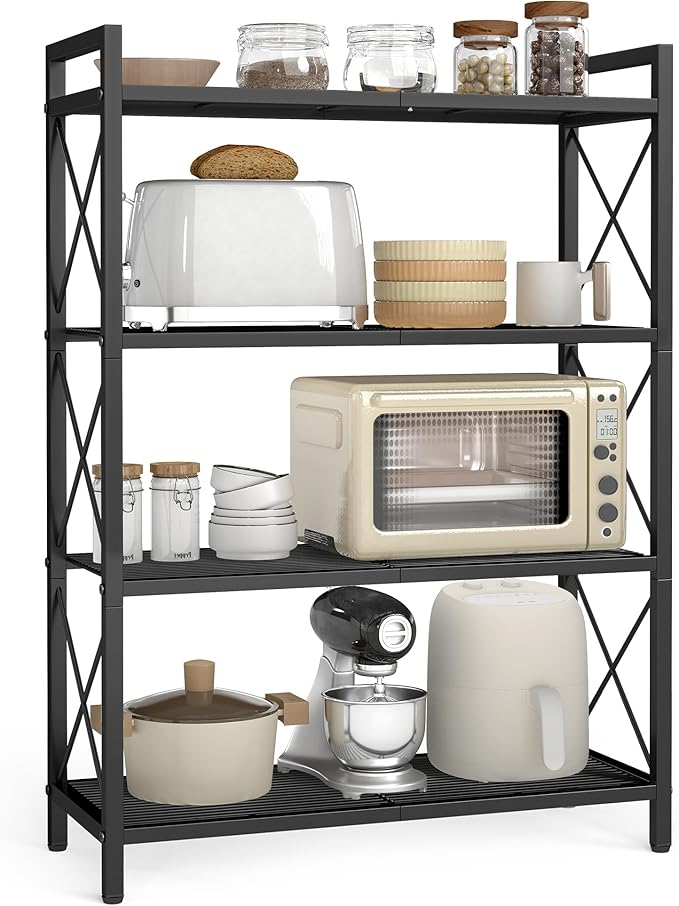 SONGMICS 4-Tier Metal Storage Rack, Shelving Unit with X Side Frames, Dense Mesh, 12.6 x 31.5 x 44.3 Inches, for Entryway, Kitchen, Living Room, Bathroom, Industrial Style, Ink Black UBSC184B01