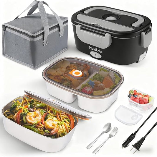 Electric Lunch Box Food Warmer, 80W Fast Heating, 1.5L Heated Lunchbox Stainless Dual Steel Container, Portable Food Heater for Work Travel Car, Lonchera Electrica Portatil 12/24V/110-230V