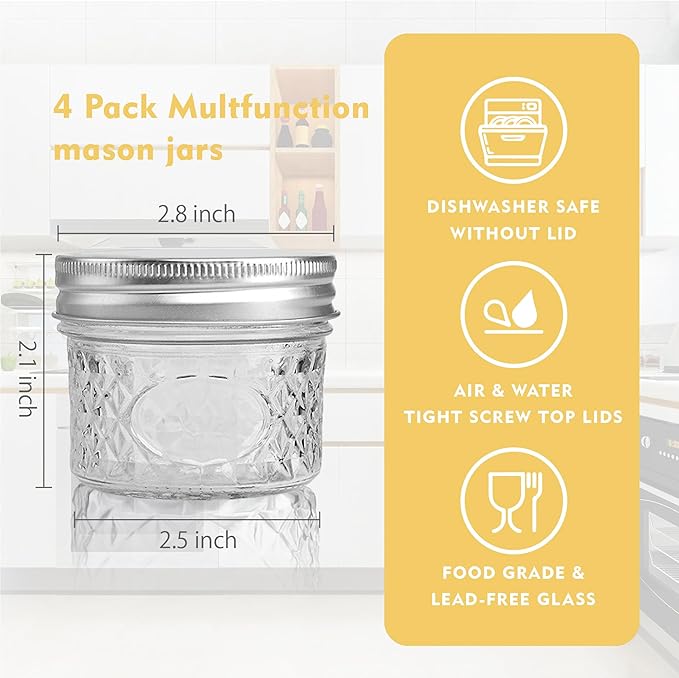 4 oz/120 ml Clear Glass Storage Canister with Airtight Lid, Small Cute Decorative Mason Container Jar for Salad, Overnight Oats, Snacks, Yogurt, Cereal, Fruit, Spice, Sugar, Coffee -4 Pack