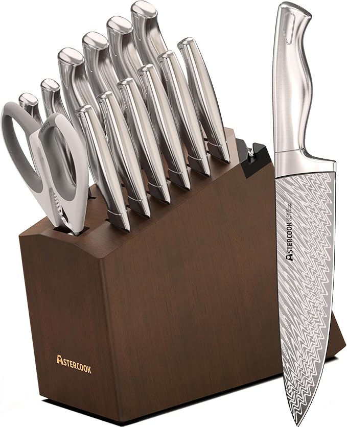 Astercook Knife Set, 15 Pieces Knife Sets for Kitchen with Block, Ultra-Sharp German High Carbon Stainless Steel Knife Block Sets with Built-in Sharpener, Dishwasher Safe Knives Set for Kitchen