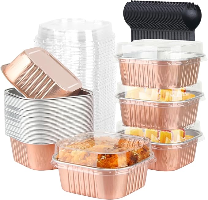 LNYZQUS 5oz Cupcake Mini Cake Pans with Lids 40 Pack, Aluminum Foil Cupcake Cups Brownie Baking Pans,Square Disposable Ramekins Baking Cups,Small Muffin Tin Holders-Champagne