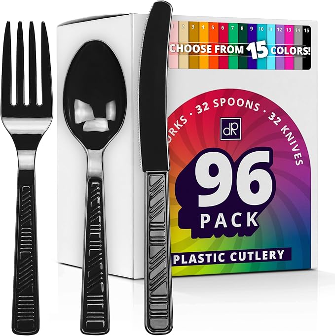 DecorRack Plastic Cutlery Set, Black Colored Plastic Silverware Sets for Parties, 96 Piece Bulk Heavy Duty Utensils (Black, 96 Pieces)