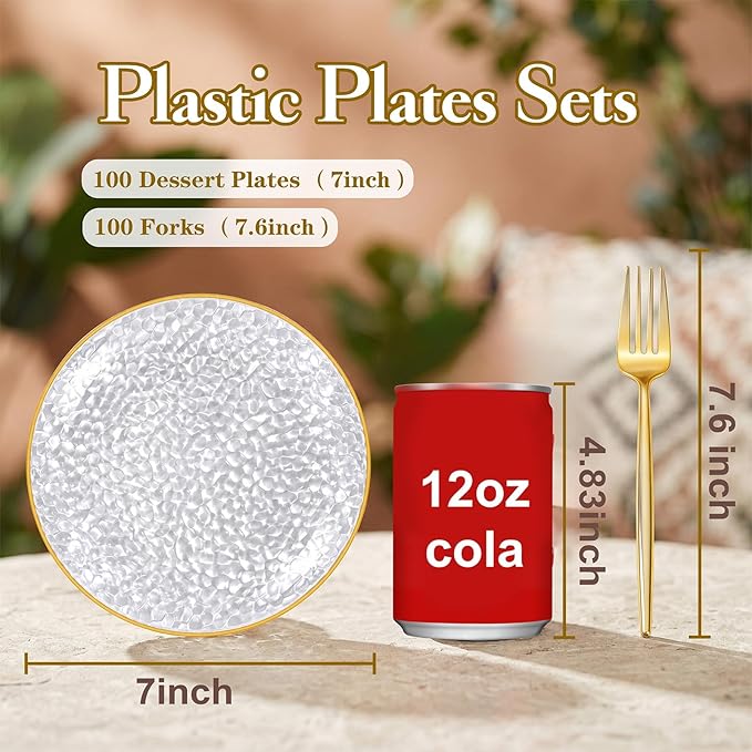 Rubtlamp 200 Pcs Clear Dessert Plates 7" with Forks 7.6",Clear Plastic Cake/Appetizer Platos, Dessert Plates Disposable, Hammered Party Platos Include 100platos and 100forks for Party&Birthday