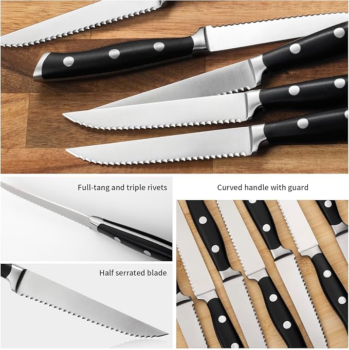 Alata 8-Piece Steak Knives Set, 4.7 Inch with Serrated Edge Razor-Sharp Dinner Knives, Full-Tang Construction