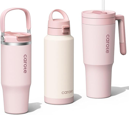 CAROTE 3-Pack Insulated Stainless Steel Water Bottles, Cup Holder Compatible for Travel, Upgraded Leak Proof, 32/32/40 oz Built-In Straw Tumblers Set for Daily Use/Outdoor (Peach)