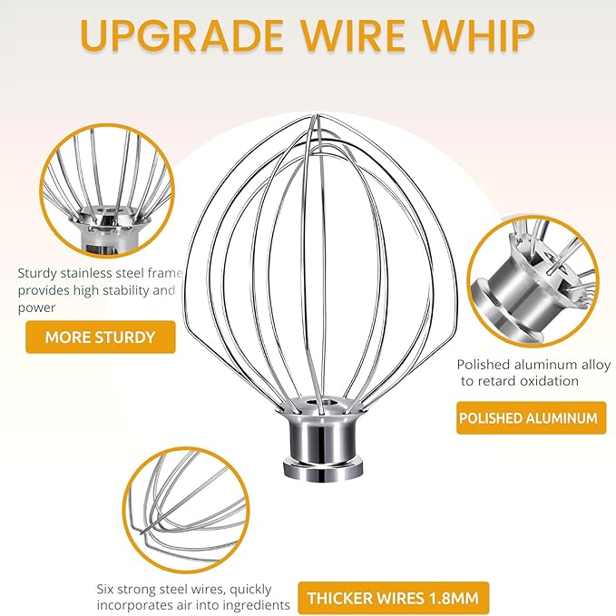 K45WW Whisk Attachment Fits KitchenAid, 6 Wire Whip for 4.5 5 Quart KitchenAid Tilt-Head Stand Mixer，Compatible with Kitchen Aid Accessories K45,K45SS,KSM75,KSM90,KSM110,KSM150, Handwash Only