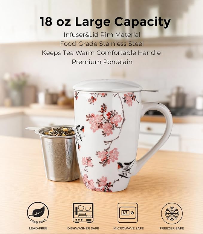 AmorArc Porcelain Tea Mug with Infuser and Lid – 18oz Loose Leaf Tea Cup with Handle, Gift for Tea Lovers (Men & Women)
