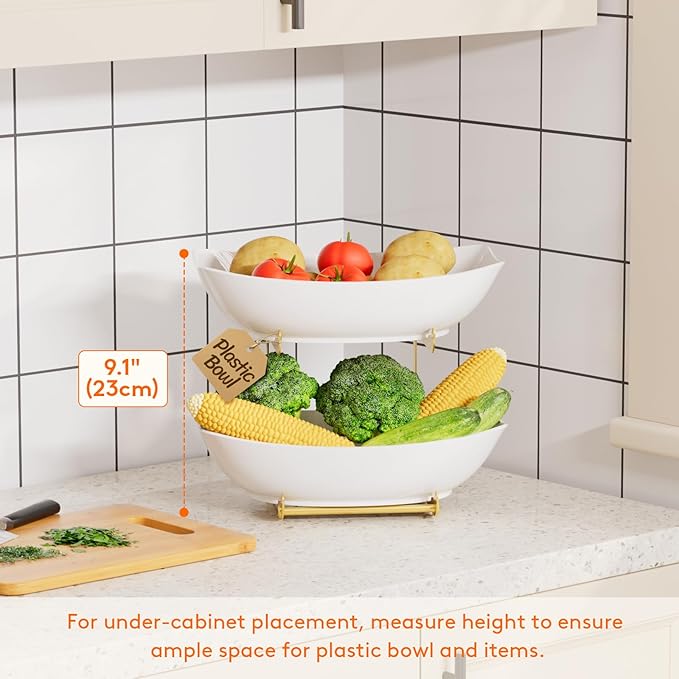 Lifewit Plastic Fruit Bowl for Kitchen Counter, 2 Tier Fruit Basket with Gold Metal Stand, Tiered Fruit Holder for Countertop Serving Tray for Vegetable/Dessert in Party 28 x 21 x 23cm/11 x 8.4 x 9