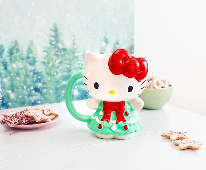 Silver Buffalo Sanrio Hello Kitty Holiday Christmas Tree Dress 3D Sculpted Ceramic Mug, 20 Ounces