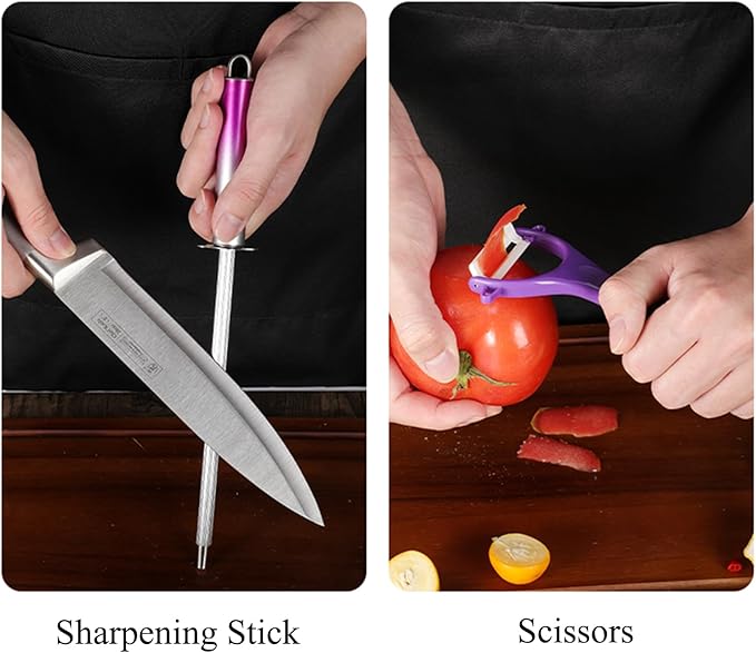 Purple Professional 9-Piece Kitchen Knife Set with Acrylic Block - Non Stick Sharp Stainless Steel Chef Knives with Sharpener