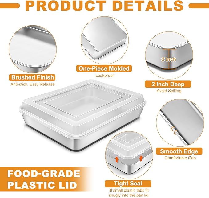 Stainless Steel Baking Pan with Lid, 12⅓ x 9¾ x 2 Inch Deep Rectangle Cake Pans with Cover for Cakes, Brownies, Cookies, Deep Side & Heavy Duty,Dishwasher & fridge & Oven Safe(2 Pans + 2 Lids)