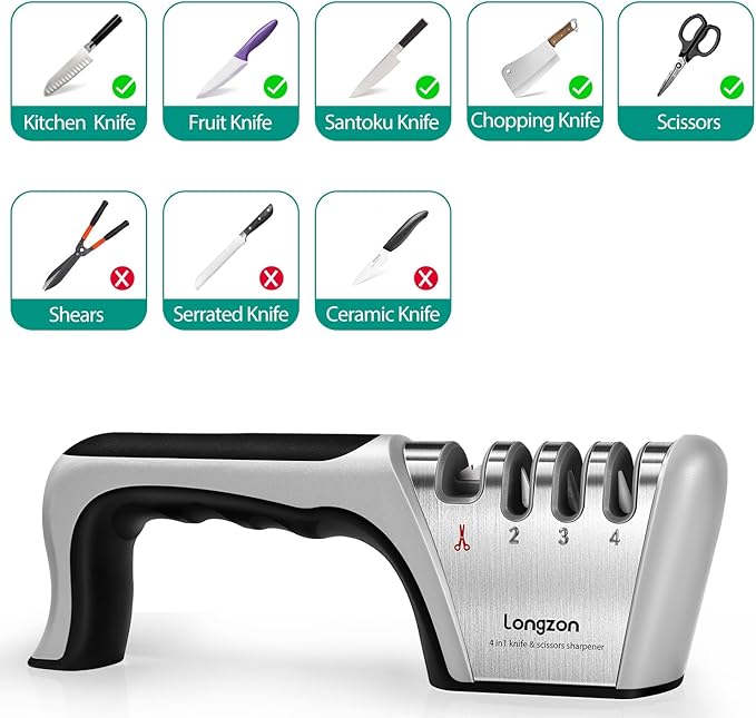 Longzon 5-in-1 Knife Sharpener [4 Stage] with a Pair of Cut-Resistant Glove,Original Premium Polish Blades, Best Kitchen Knife Sharpener Works for Fruit and Steel Knives, Scissors(Black+Silver)