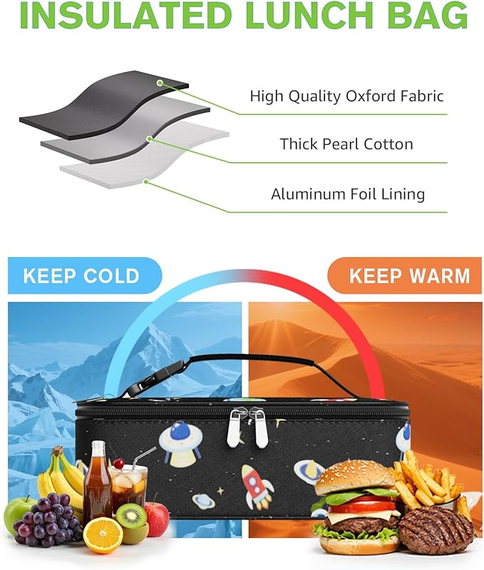 Small Lunch Box Insulated Lunch Bag for Women Men, Bento Kids Lunch Box, Compact Portable Thermal Meal Cooler Bags with Buckle Handle for Work & School, Spaceman 5L