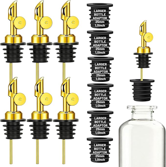 6 Pack Olive Oil Pour Spout with Adapters, Pourer for Olive Oil Dispenser Bottle, Easily Turn Your Bottles into Dispensers for Liquor, Vinegar, Oils, Syrup, Liquor Bottle Pourers, Gold