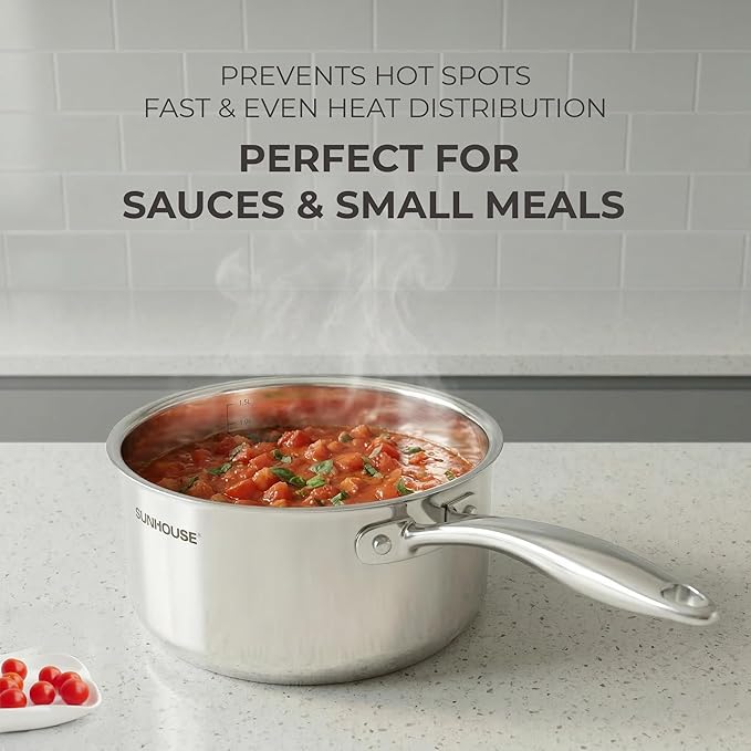 SUNHOUSE 3 Quart Whole-Clad Tri-Ply Stainless Steel Saucepan with Glass Lid, Premium 18/8 Stainless Steel, Even Heat Distribution, Induction Ready, Stay-Cool Handle, Dishwasher Safe